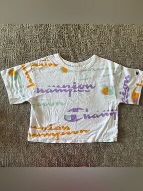 Champion White Crop Tee with Purple, Orange & Mint Logos